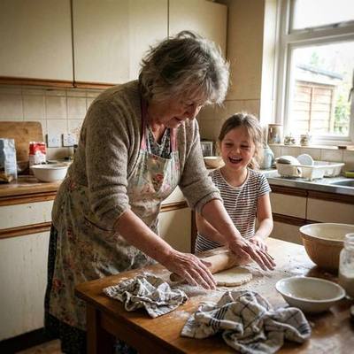 An older woman and a young girl making pastry together at a kitchen table.